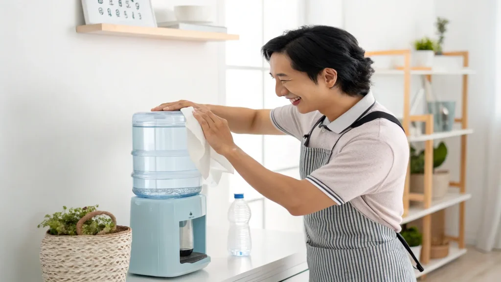 Pria membersihkan mulut galon air minum dengan tisu galon