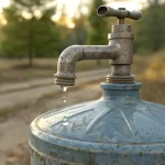 Keran dispenser galon yang kotor dan berkerak. Keran air galon yang tidak bersih. Dispenser galon dengan keran kotor, penyebab air bau. Ilustrasi keran dispenser galon yang perlu dibersihkan. Tanda-tanda dispenser galon kotor, tampak pada keran. Keran dispenser galon dengan sedikit noda dan tetesan air. Dispenser air minum galon dengan keran yang tampak kusam.